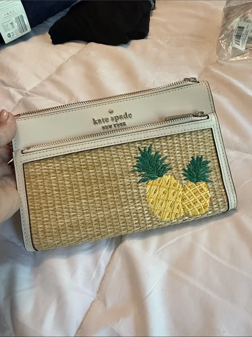 kate spade cream straw clutch with yellow pineapple embroidery